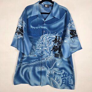 Vintage Y2K Moon Blue Dragon Japanese Mens XL Short Sleeve Graphic Button Shirt